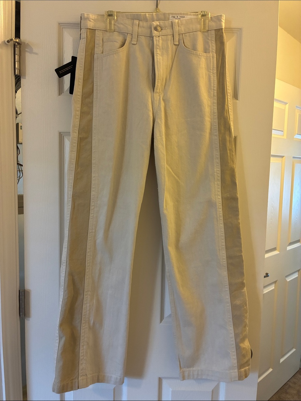 rag & bone Logan Mid Rise Cream Wide Leg Jeans with Tan Side Stripes
